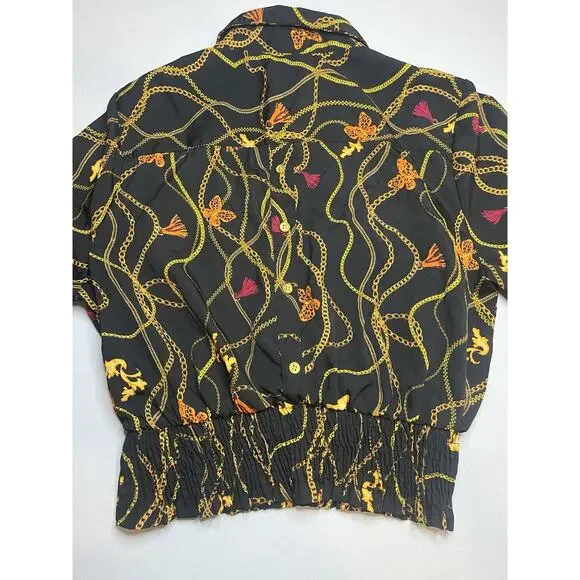 New Glory Women’s Long Sleeve Gold Chain Printed Smocked Waist Top Sz XL - Picture 7 of 8